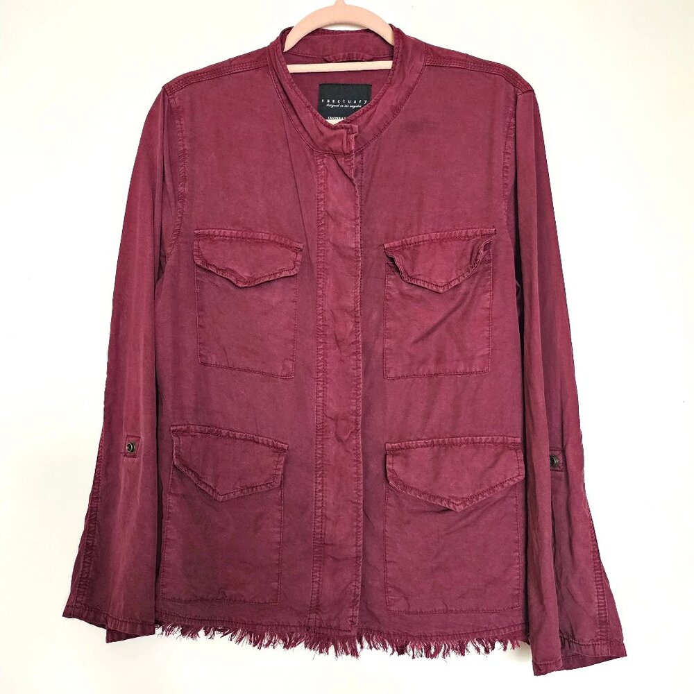 Anthropologie Sanctuary Roy Frayed Tencel Surplus Utility Military Jacket S Wine